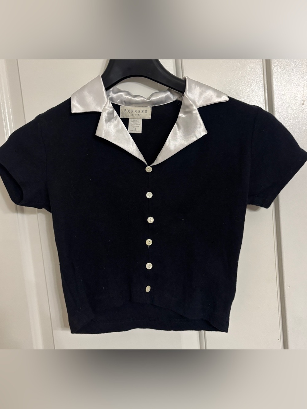 90’s Vintage EXPRESS Tricot Navy Blue Knit Top with Satin Collar